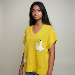 Vintage Crystal Yellow Goose Knit Sweater Sz L Bird V-Neck Retro 90s 80s Ducks